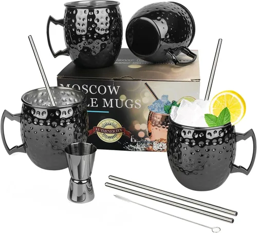 Vista 7 de Moscow Mule - Juego de 2 tazas grandes forradas de acero inoxidable de 18 onzas, tazas martilladas seguras para alimentos, para bebidas frías frías