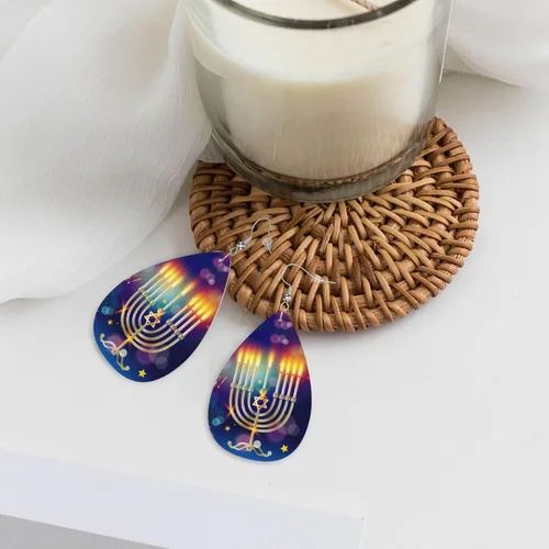 Vista 5 de Happy Hanukkah Jewish Janucah Holiday - Aretes de cuero con forma de lágrima de doble cara para mujeres y niñas, decoración colgante, regalo