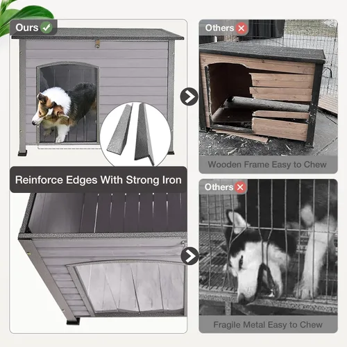 Vista 3 de Casa para Perros al Aire Libre Aislada para Perros Pequeños, Medianos y Grandes, Madera Natural con Marco de Hierro, Techo Resistente al Agua, Patas