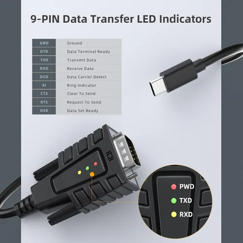Vista 5 de SerialEdgeX Adaptador USB-C a Serial RS232 Indicadores de estado de 3 LED, 1 paquete Full-Pin RS232 Connectivity with Signal Support For Device