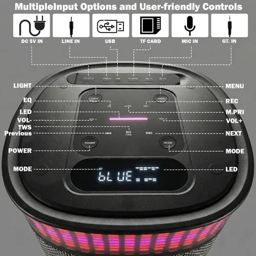 Vista 7 de Altavoz Bluetooth grande, pico de 200 W, 8 luces, 2 micrófonos TWS Stereo Pairing, 6 EQ Modes, 18-Level Bass/Treble Control, Type-C Charging for