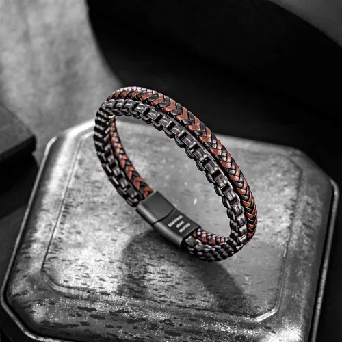 Vista 3 de murtoo Pulsera de cuero y acero, cadena de acero inoxidable y pulseras de cuero para hombre