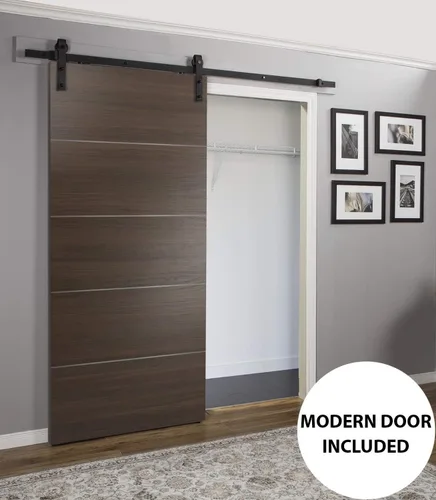 Vista 2 de Panel de madera marrón de 18 x 80 pulgadas Planum 0020 ceniza de chocolate Uso como puerta corredera de armario Resistente núcleo sólido rayas