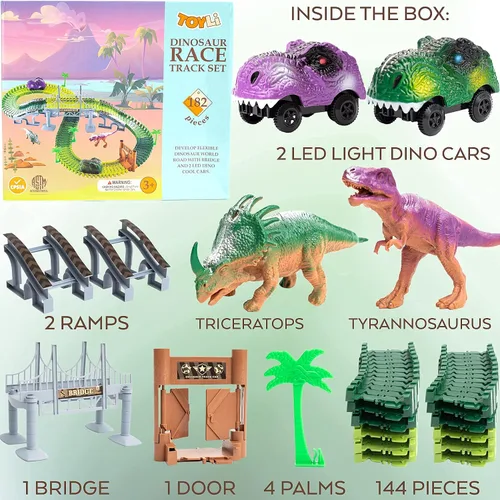 Vista 3 de TOYLI Juego de pista de carreras de dinosaurios de 182 piezas, pista de dinosaurio flexible con puente, rampas, juguete de pista de dinosaurios es
