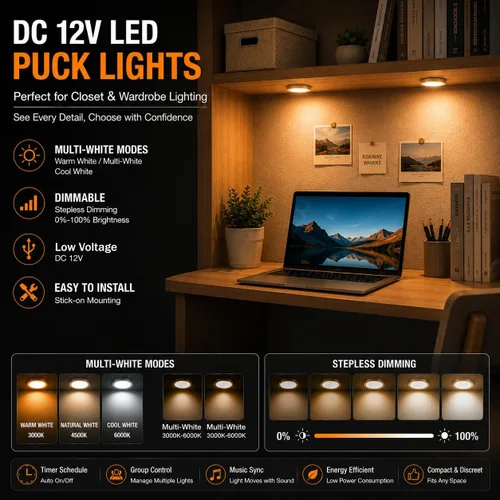 Vista 5 de Luces LED inteligentes de disco, iluminación regulable debajo del gabinete con control de aplicación Bluetooth, sincronización de música