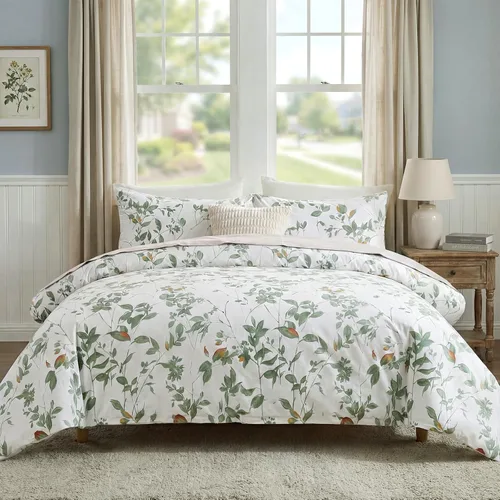 Vista 10 de Juego de edredón floral azul tamaño Queen, juego de ropa de cama botánica azul 100% algodón, edredón suave transpirable de 3 piezas y 2 fundas