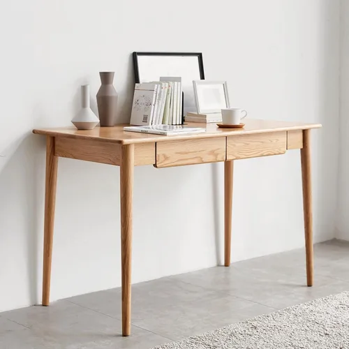 Vista 2 de Escritorio de escritura para oficina en casa, mesa de trabajo de madera maciza con 2 cajones para espacios pequeños