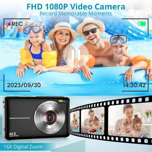 Vista 3 de Toberto Cámara digital, FHD 1080P Cámara digital para niños con zoom de 16X antivibraciones, linterna, cámara de apuntar y disparar de 44 MP, cámara