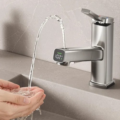 Vista 17 de MIAOHUI Grifo de baño extraíble de un solo agujero, 3 modos de pulverización de una sola manija para fregadero de 1 agujero, grifo de lavabo de baño