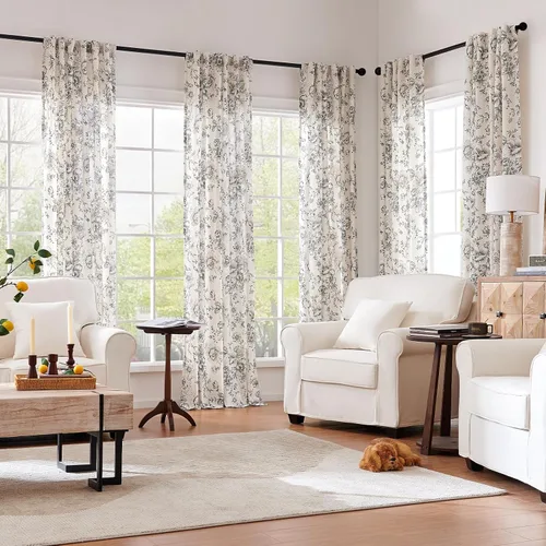 Vista 2 de Jinchan - Cortinas de lino floral de 120 pulgadas de largo para sala de estar, 2 paneles Negro sobre beige