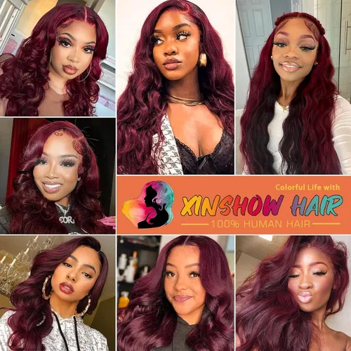 Vista 7 de Pelucas de encaje frontal 99j burdeo onduladas con cabello humano pre-arrancadas 13x6 para mujeres negras, onda corporal, sin pegamento, nudos 99j