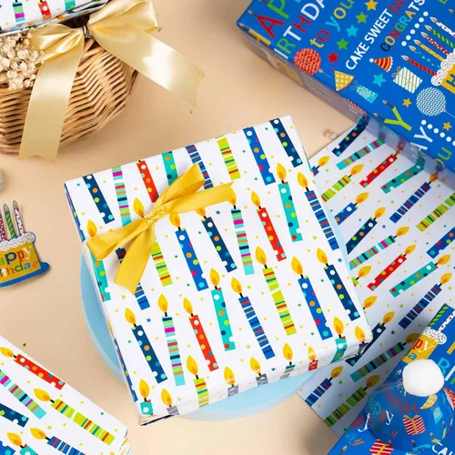 Vista 4 de Homeral Rollo de papel de regalo azul para cumpleaños - 17 pulgadas x 16.5 pies, con letras reversibles de "Feliz Cumpleaños" y velas coloridas.