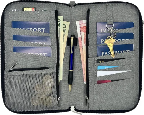Vista 2 de Helgruenn Organizador de documentos de viaje familiar de 6 pasaportes de primera calidad con bloqueo RFID, Gris