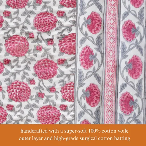 Vista 5 de Saffron Marigold Manta acolchada reversible rosa, tamaño Queen, hecha a mano, con estampado de dalia Daydreams de algodón Jaipuri Razai, colcha