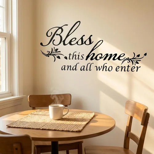Vista 7 de Decoración de calcomanía de vinilo con texto en inglés “Bless This Home and All who Enter”, para la entrada o la sala de estar Negro