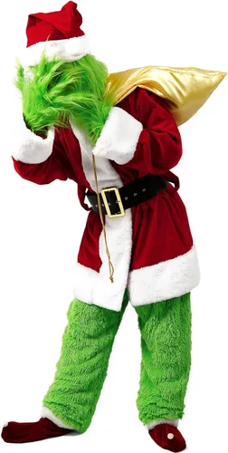 Vista 5 de Christmas Green Monster Costume Adult Deluxe Furry Santa Costumes Halloween Cosplay Outfit for Men