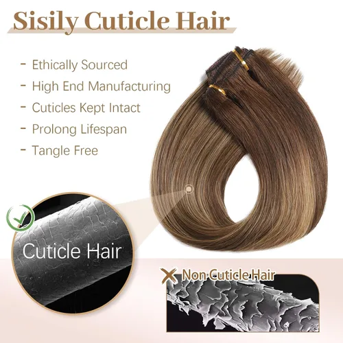 Vista 5 de Sisily - Extensiones de cabello con clip de cabello humano real, 30 cm 70 g, balayage de marrón chocolate a rubio, 100% cabello humano Remy