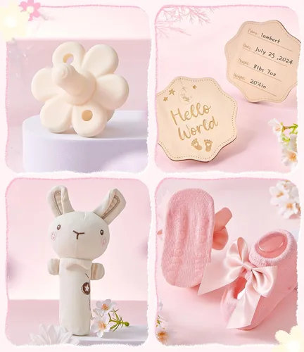 Vista 6 de Golray Regalos de baby shower para niñas, cestas de regalo para bebé niña con sonajero, conjunto de manta/enterizo, cosas esenciales para recién