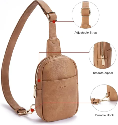 Vista 109 de Telena Riñonera pequeña para mujer, de cuero, cangureras, bolsa de pecho para mujer