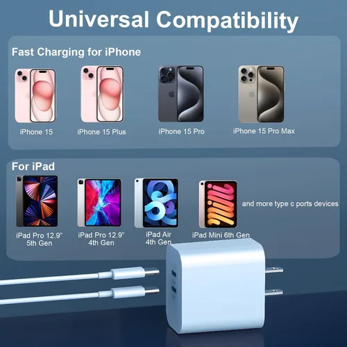 Vista 5 de Cargador rápido para teléfono 17/16/15 Pro Max, bloque de carga rápida USB C de 20 W con cable de carga USB C a C de 6 pies de largo para teléfono