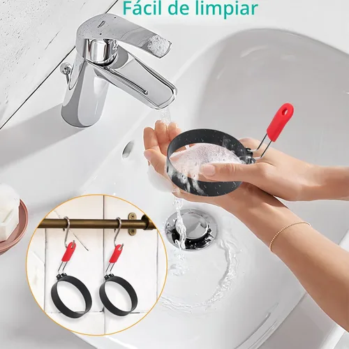 Vista 5 de Juego de 2 anillos de huevo de 3.5 pulgadas con mango de silicona, molde redondo para magdalenas inglesas, molde para panqueques para acampar