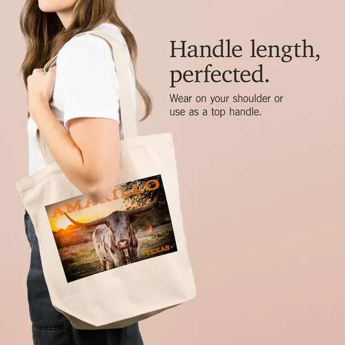 Vista 2 de Lantern Press Amarillo, Texas, Longhorn and Sunset (100% Cotton Canvas Reusable Tote Bag)