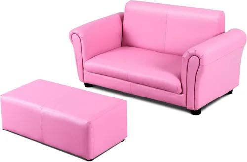 Vista 8 de INFANS Sofá infantil de 2 asientos con reposapiés, construcción de madera resistente, sillón con reposabrazos para niños en edad preescolar, sofá