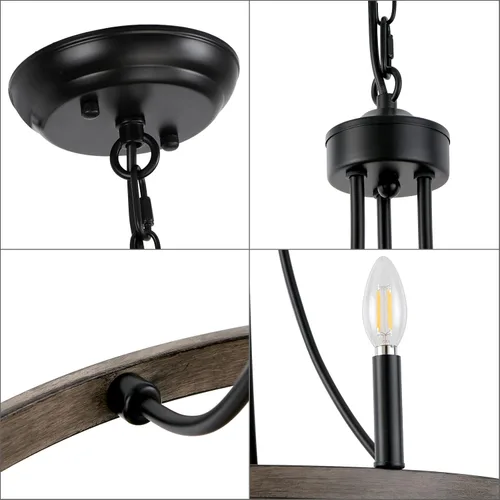 Vista 5 de Candelabro de rueda de vagón, 6 luces, rústico, rústico, de granja, de metal negro, lámpara de comedor de madera, candelabros redondos para entrada