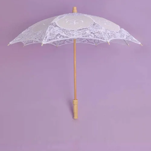Vista 3 de Sombrilla bordada de encaje para novia, boda, baile de fiesta, con mango de madera, decoración de paraguas para mujeres y niñas