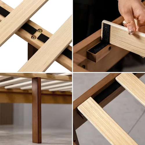 Vista 7 de Marco de cama de plataforma de madera de bambú de 14 pulgadas, soporte de listones de madera, no necesita somier, fácil montaje, café, tamaño Queen