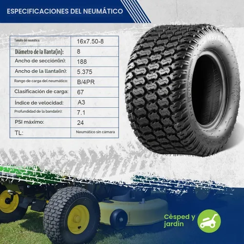 Vista 3 de MaxAuto 16x7.50-8 16x7.5x8 Neumático para cortacésped Turf Saver 4 capas, juego de 2