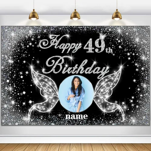 Vista 76 de Cartel personalizado de decoración de fiesta de cumpleaños número 100 - tema de alas de ángel - negro y plateado HY-NLK-100º