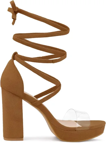 Vista 7 de Allegra K Sandalias de tacón grueso transparentes con cordones para mujer, Transparente