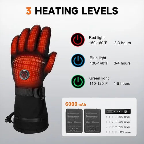 Vista 2 de Guantes calefactables, 5 V 6000 mAh, guantes térmicos recargables para hombres y mujeres, guantes de calefacción eléctricos antideslizantes