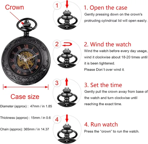 Vista 5 de Carrie Hughes Reloj de bolsillo mecánico barroco steampunk para hombre con cadena en caja CHPW9B CH348