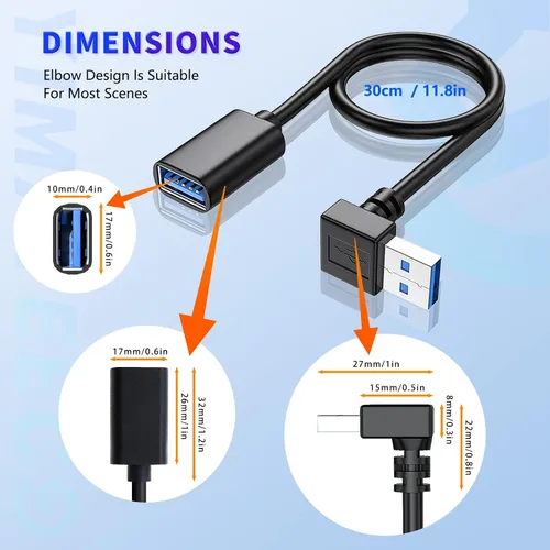 Vista 2 de Cable de extensión USB3.0 en ángulo descendente, cable de extensión USB A hembra a USB-A macho, cable extensor con contactos chapados en oro