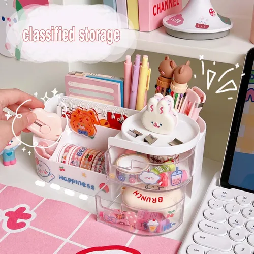 Vista 5 de MLAFE Kawaii - Caja de almacenamiento de artículos de papelería, organizador de maquillaje, suministros de cuenta de mano, lindo organizador Rosa