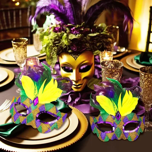 Vista 7 de Skylety 2 máscaras de Mardi Gras con purpurina veneciana para fiesta de baile de graduación, para mujeres y hombres, accesorio para disfraces