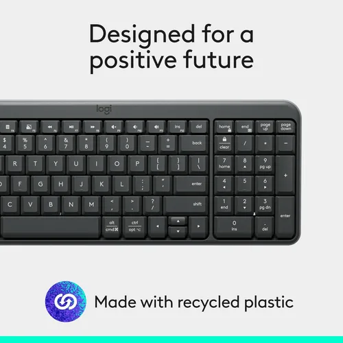 Vista 9 de Logitech Teclado Bluetooth K250 con teclado numérico, fácil conectividad, teclado inalámbrico compacto fabricado con plástico reciclado, resistente