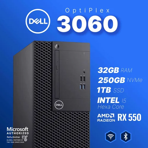 Vista 4 de Dell OptiPlex 3060 Torre PC Intel Core i5-8500 32 GB de RAM SSD de 1 TB NVME M.2 de 250 MB Nvidia RX 550 4GB Windows 11 Pro WiFi BT