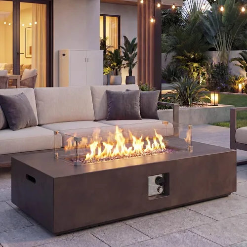 Vista 14 de COSIEST mesa cuadrada de propano para exteriores de arenisca con protector contra el viento, certificada, quemador de acero inoxidable de 50,000