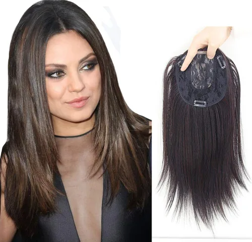 Vista 8 de Clip en la frente postizo recto parte media cuello longitud mujeres pelo Topper extensión marrón rojizo oscuro