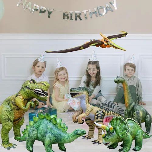 Vista 2 de Jet Creations Paquete de 6 inflables de dinosaurio – T-Rex, Brachiosaurus, Triceratops, Stegosaurus, Raptor y Pteranodon, 43 pulgadas + decoraciones