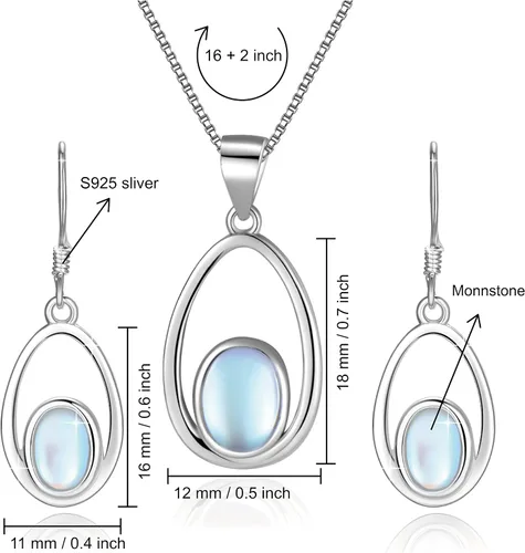 Vista 5 de Juego de joyas de piedra lunar de ópalo, collar y aretes de plata de ley 925 para mujer, piedra lunar de ópalo, regalos para orejas sensibles
