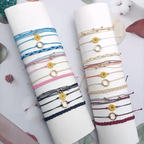 Vista 7 de CASDAN 24 pulseras de cuerda de girasol para mujer, hechas a mano, con dijes de cuerda trenzada, estilo bohemio, ajustable, impermeables