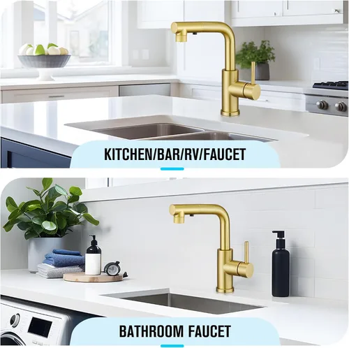Vista 7 de CREA Grifo de Cocina Dorado con Pulverizador Extraíble - Grifo para Fregadero de Baño y Utilidad - Manija Única, 3 o 1 Agujero