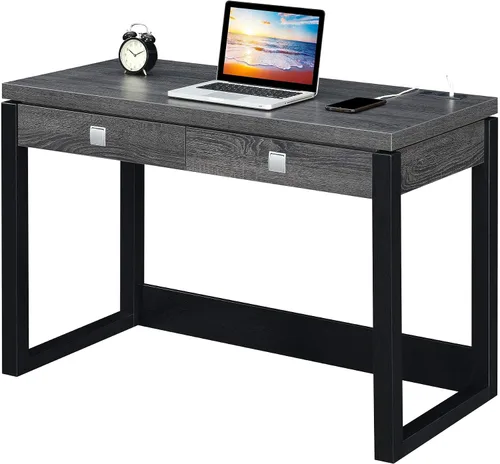 Vista 4 de Convenience Concepts Newport - Escritorio de 2 cajones con estación de carga, gris desgastado/negro