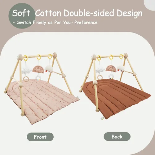 Vista 3 de Tapete de madera 4 en 1 para gimnasio y actividades para bebés, tapete de algodón suave para bebés de 0 años, con 3 juguetes desmontables