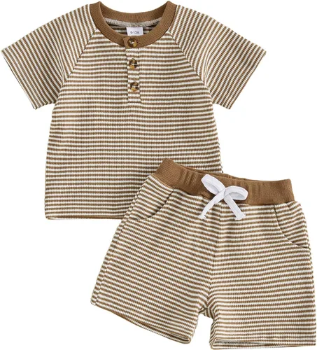 Vista 11 de MERSARIPHY Ropa para bebé niño de 6, 12, 18 meses, 2T 3T, traje de verano, punto gofre, a rayas, informal, camiseta y pantalones cortos