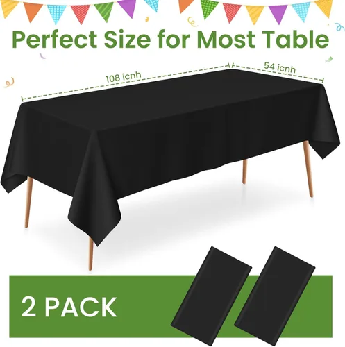 Vista 3 de Paquete de 2 manteles rectangulares desechables color negro, manteles de plástico negro para fiestas, 54 x 108 pulgadas, mantel de campamento
